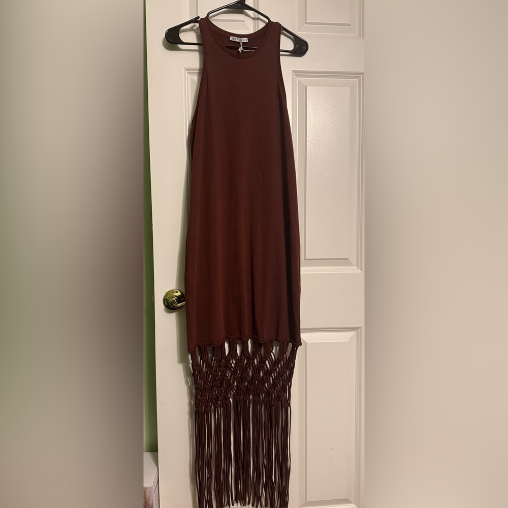 Zara Brown Maxi Dress with Fringe Detail